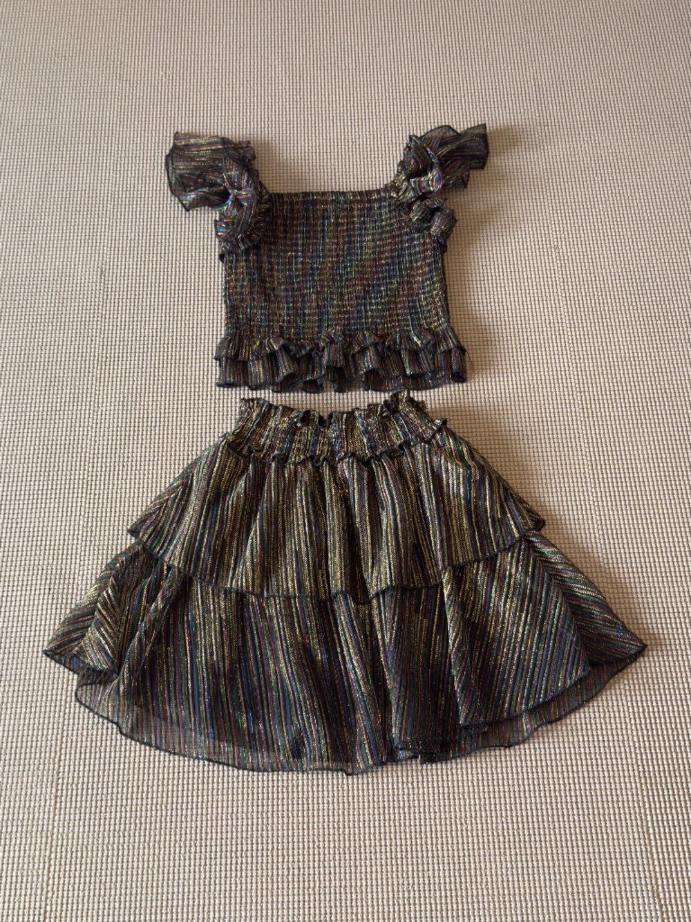 BTWEEN girls 2 piece metallic striped tiered skirt set ruffle crop top size 7